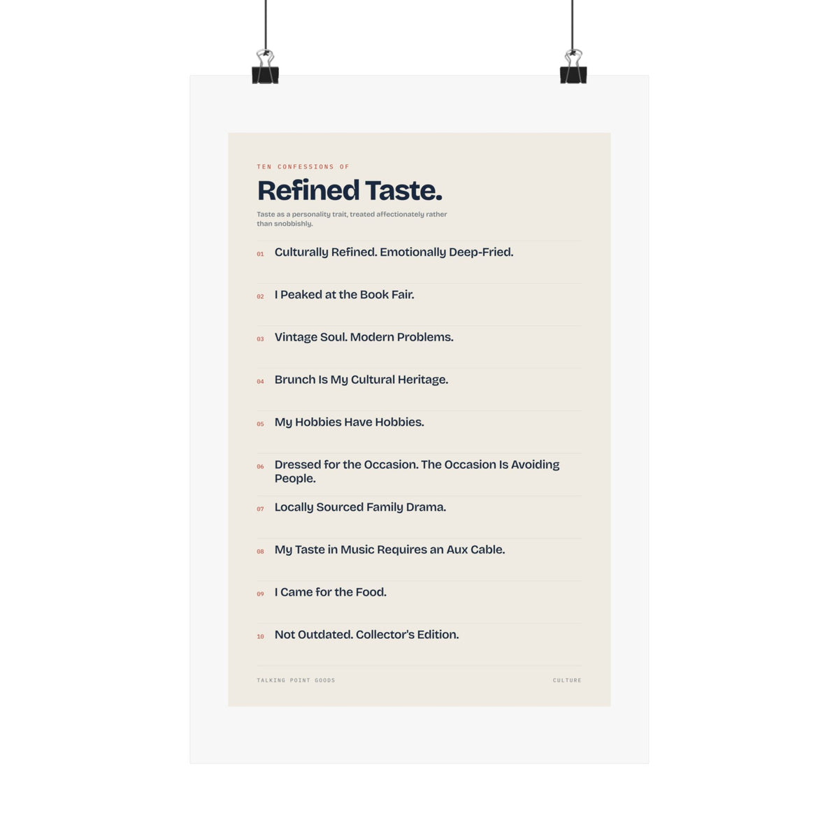 Ten Confessions of Refined Taste — Culture Manifesto Poster
