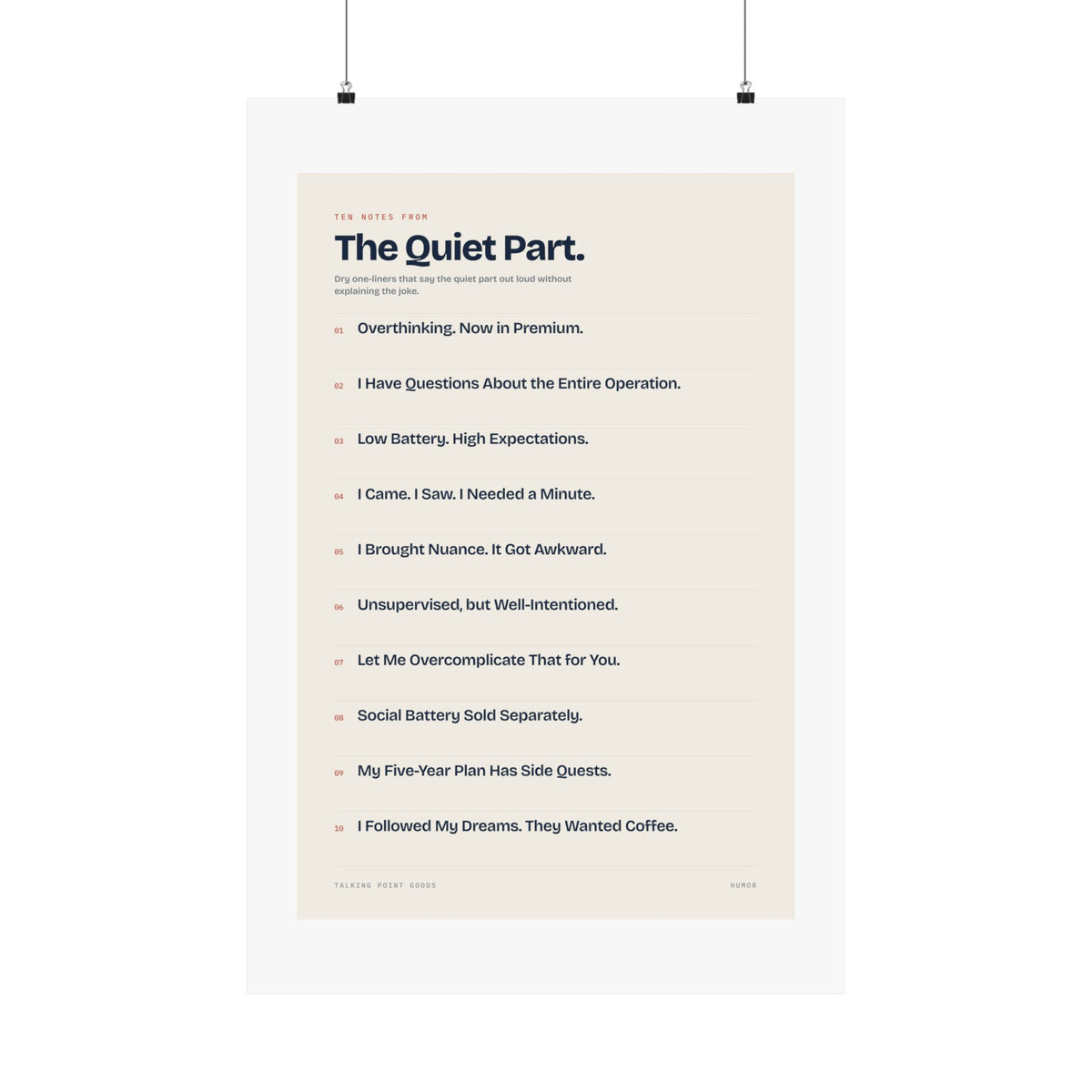 Ten Notes from the Quiet Part — Humor Manifesto Poster