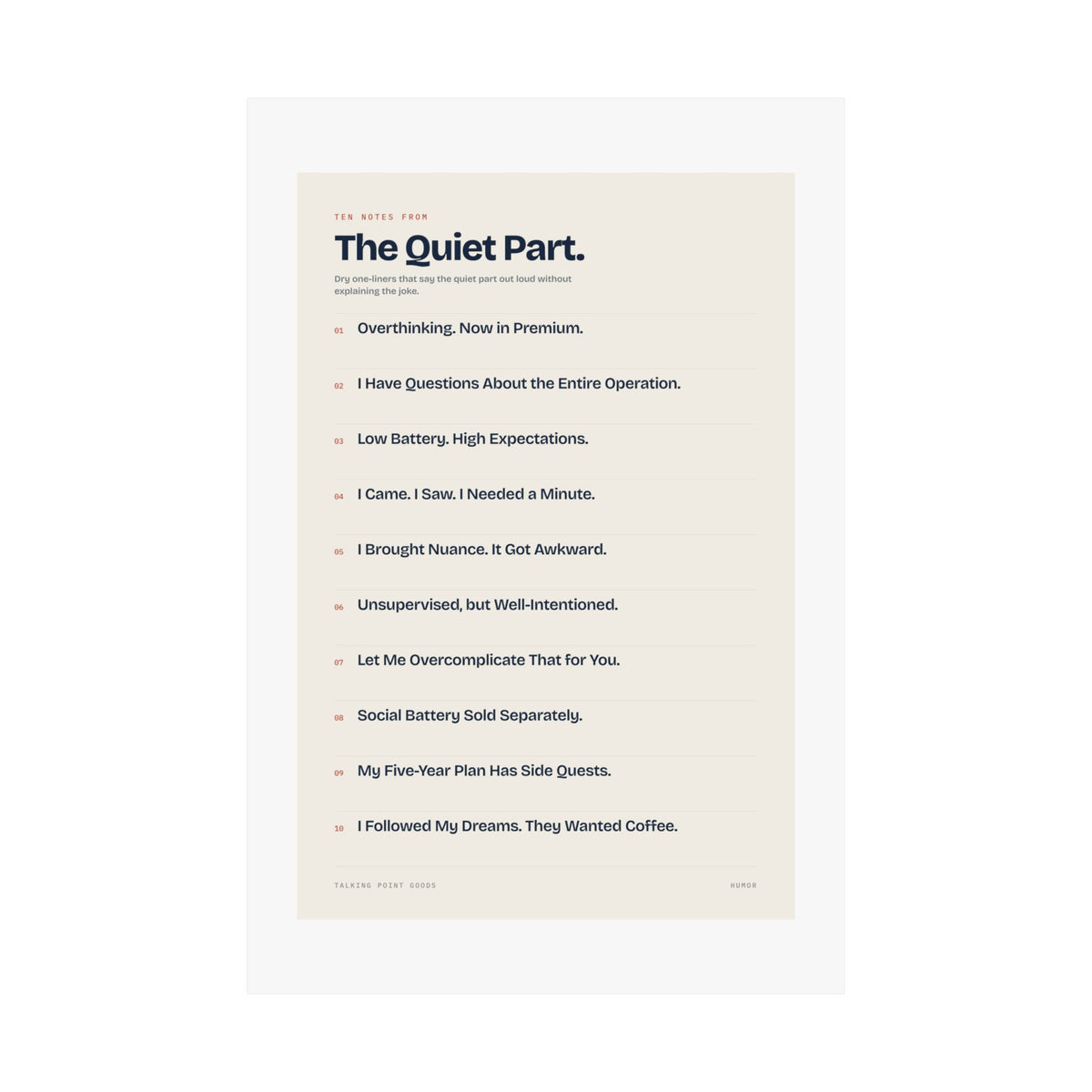 Ten Notes from the Quiet Part — Humor Manifesto Poster