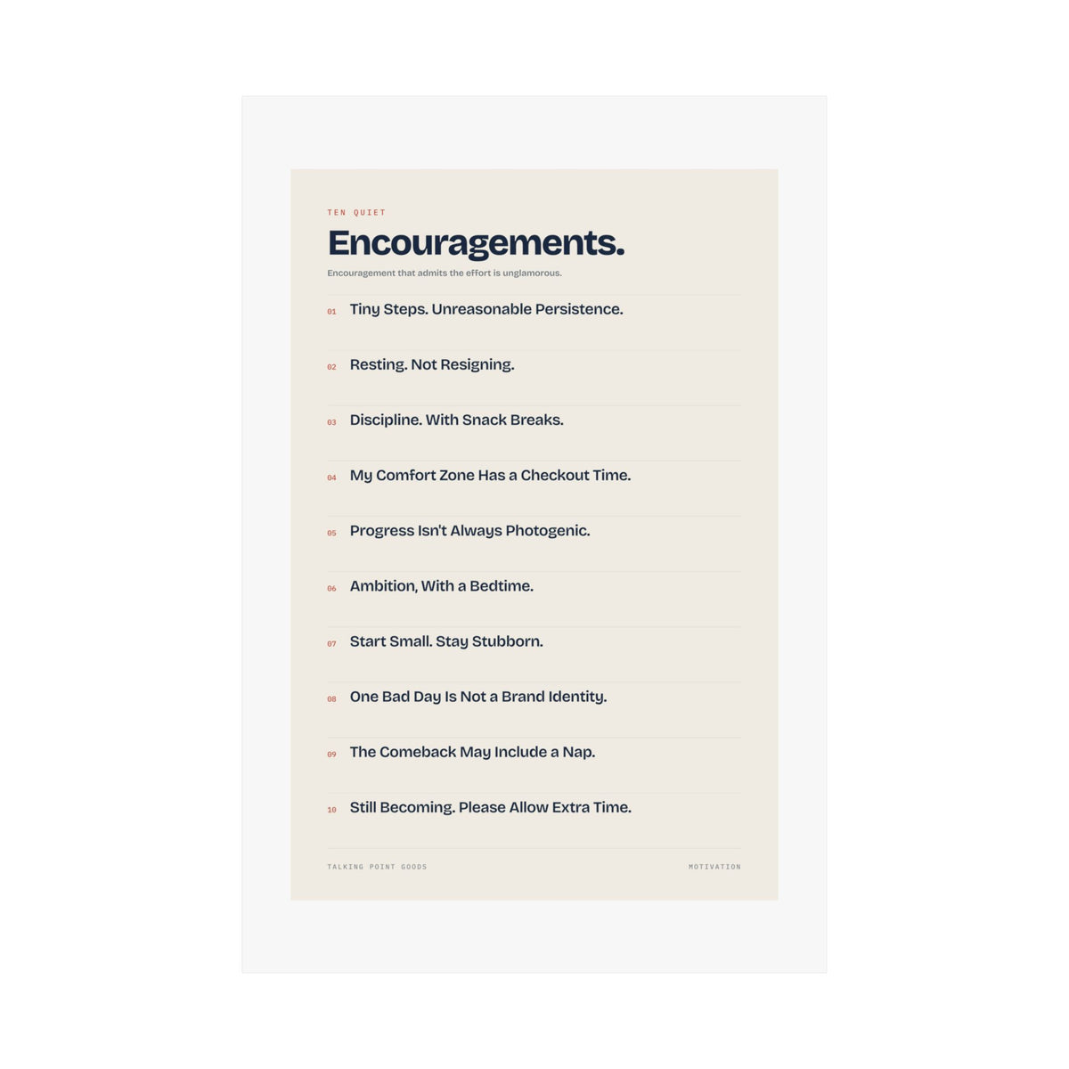 Ten Quiet Encouragements — Motivation Manifesto Poster