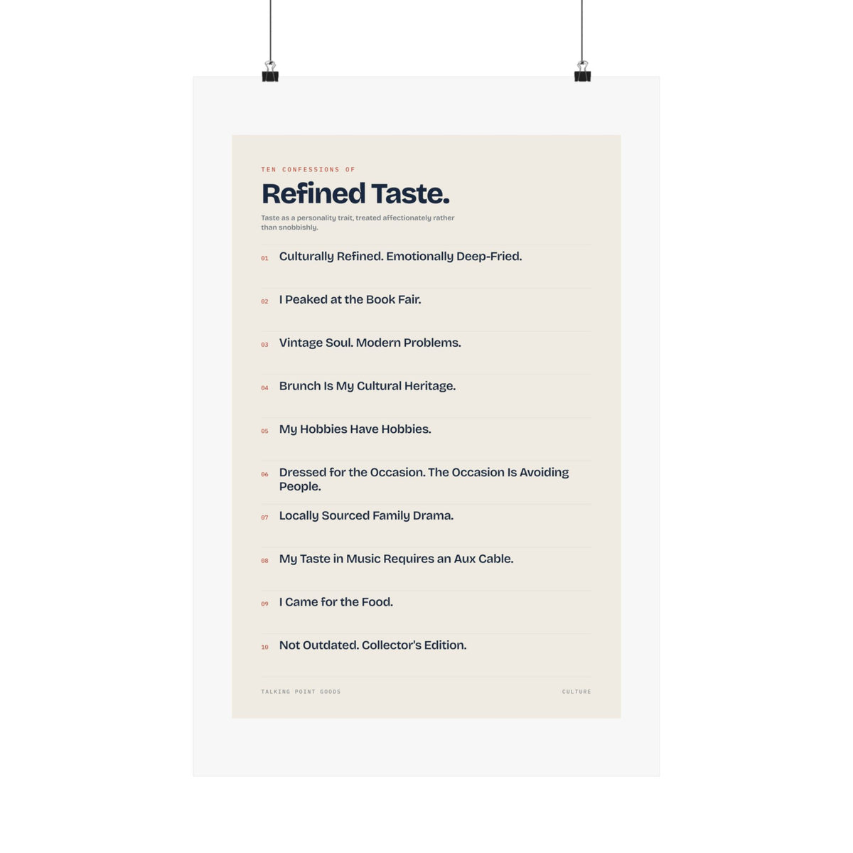 Ten Confessions of Refined Taste — Culture Manifesto Poster